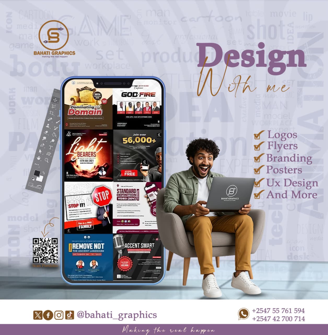 Creative flyer design displaying complete design services including branding, logo design, posters, flyers, and UX design.