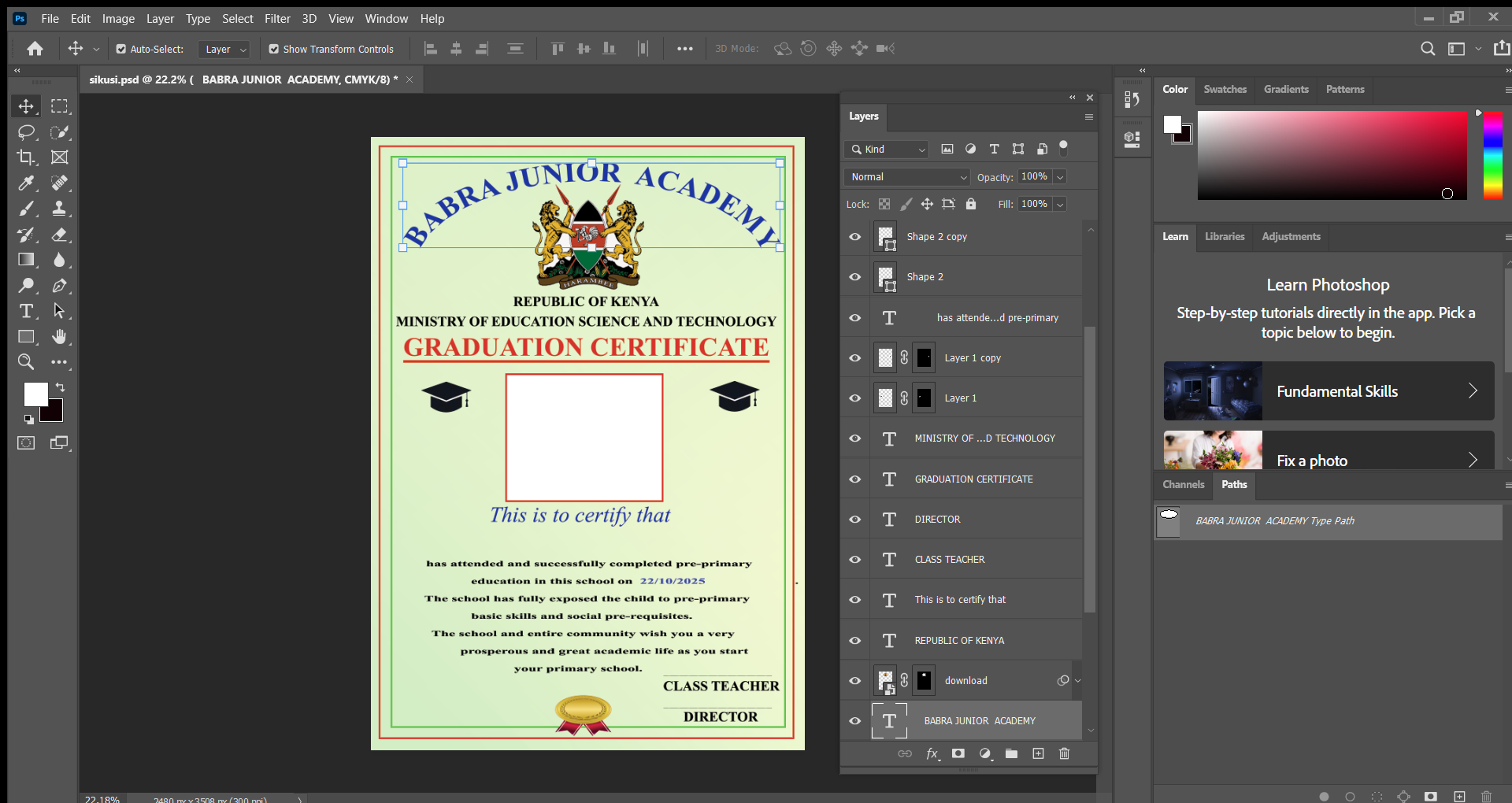 Elegant graduation certificate design with school logo and decorative border