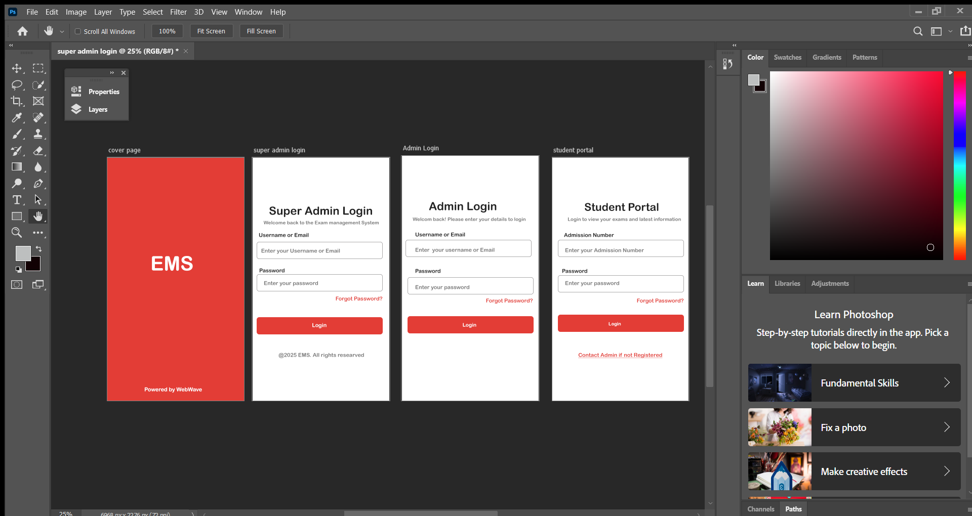 User interface design of a school management exam system dashboard
